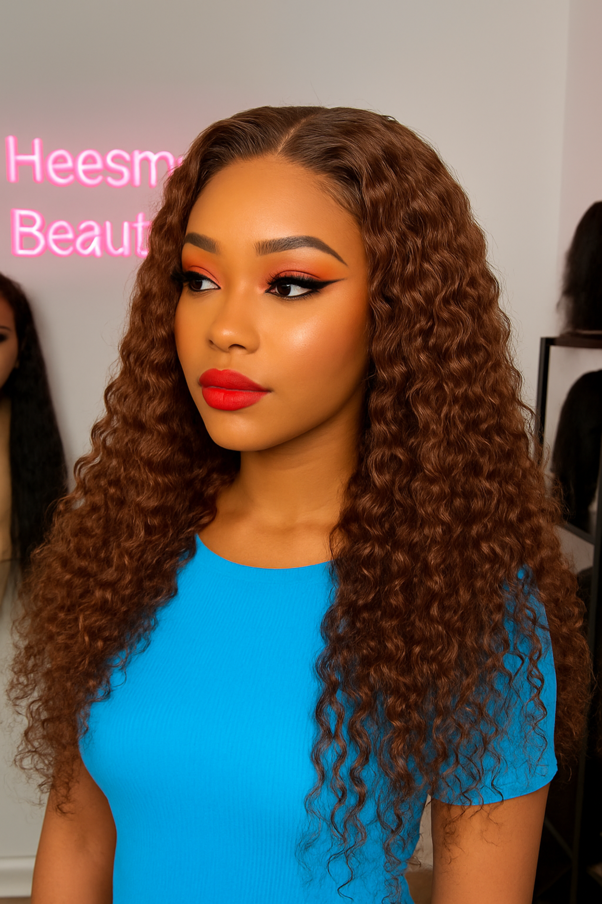 Woman with long, curly hair wearing a blue top in a salon setting.